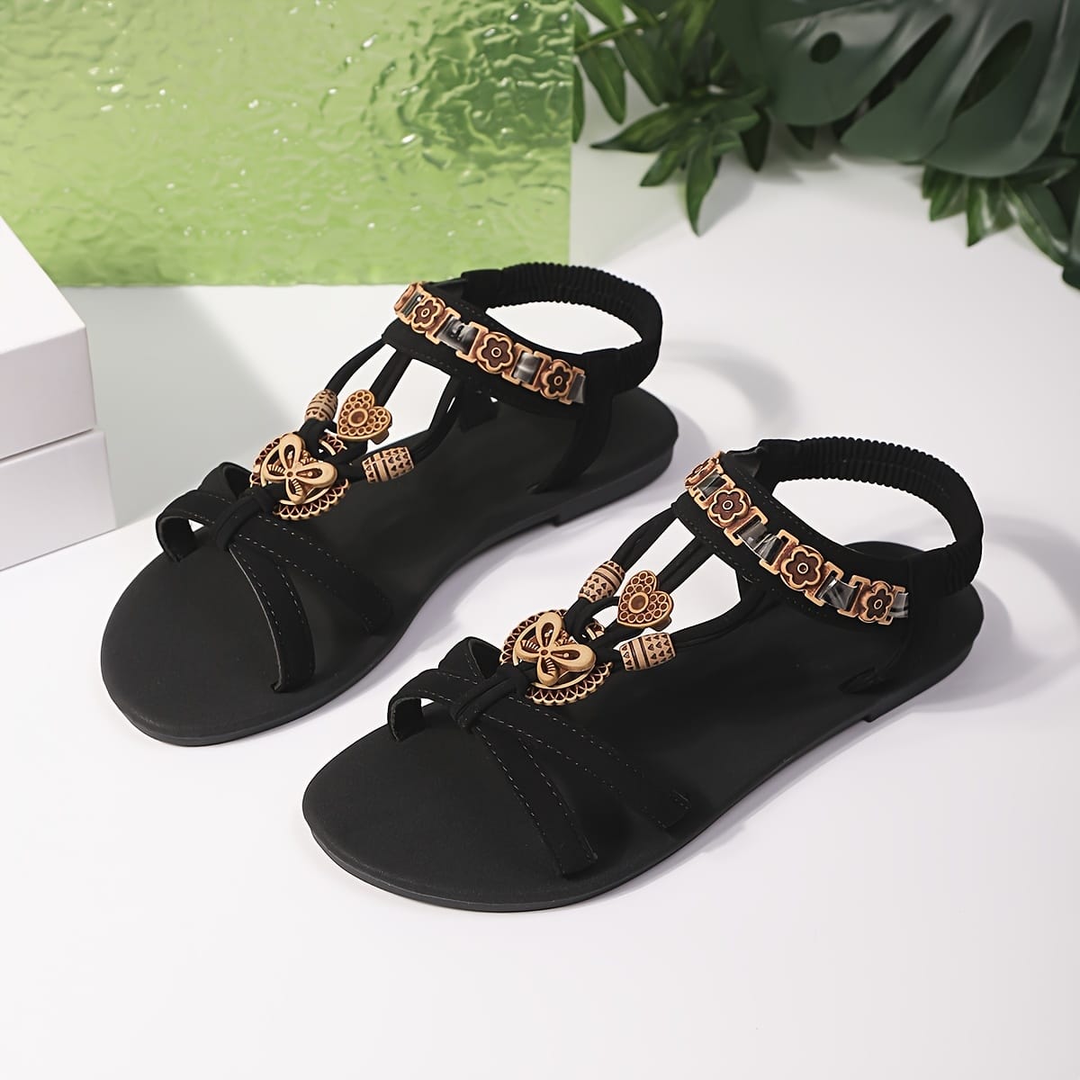 jkthpu-45 Black / UK 4 Chic Black SlipOn Flats Poolside Comfort to Bohemian Style