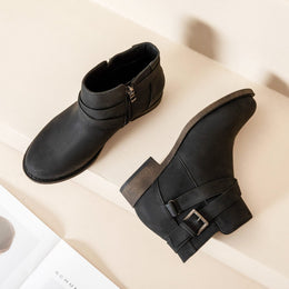 jkthpu-45 Black / UK 4 Chunky Heel Comfort SlipOn Buckle Ankle Boots