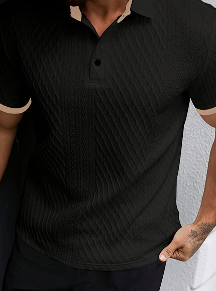 KissICON Black / UK 42 Mens Soft Jacquard ColorBlock Polo Casual  Business Essential
