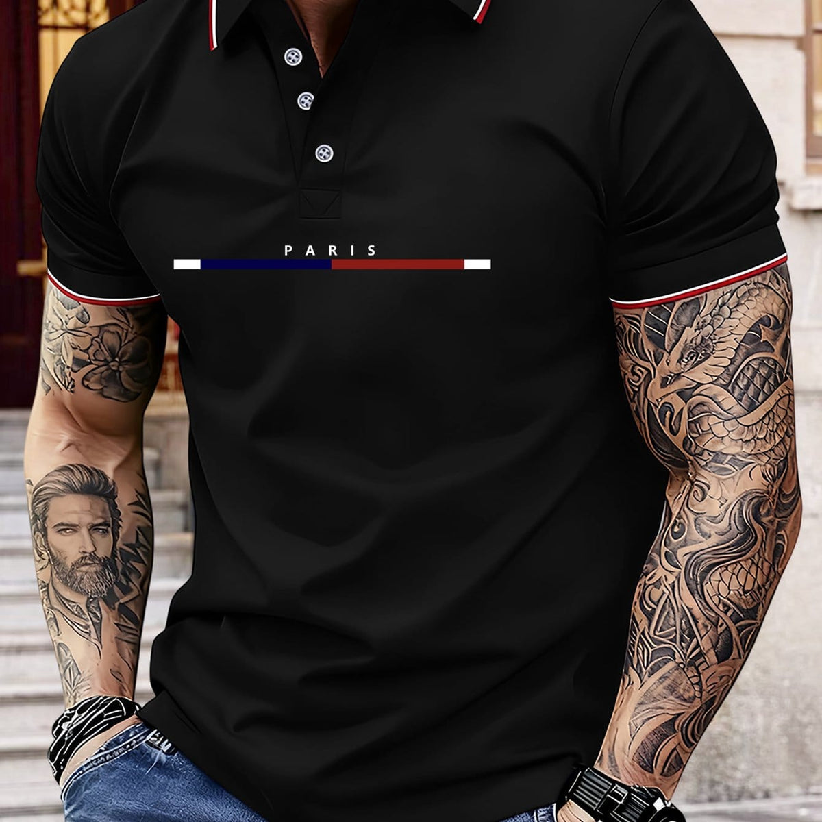 KissICON Black / UK 42 Paris Letters Classic Unisex Polo Summer Casual  Sporty