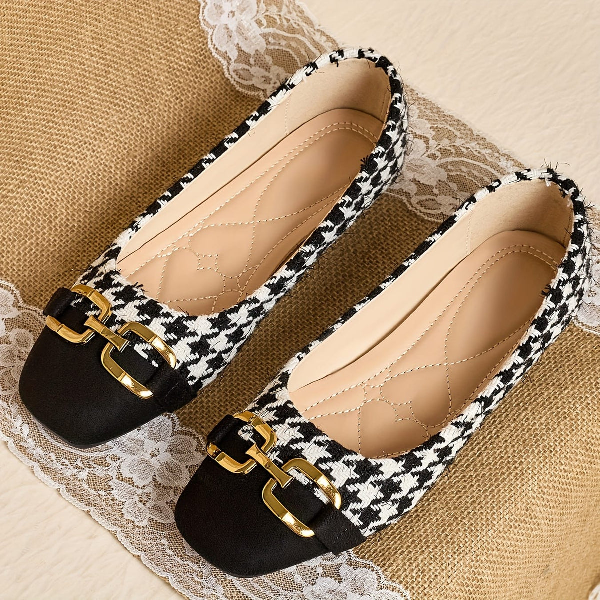 jkthpu-45 Black / UK 5 Women's Square Toe Mary Jane Flats - Slip-On Breathable Fabric Upper with Houndstooth Pattern & Golden Accents, Soft Rubber Sole for All-Season Comfort, Casual to Formal Occasions, Comfortable Walking, Chic Style, Durable Construction, Fashion Footwear, O