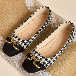 jkthpu-45 Black / UK 5 Women's Square Toe Mary Jane Flats - Slip-On Breathable Fabric Upper with Houndstooth Pattern & Golden Accents, Soft Rubber Sole for All-Season Comfort, Casual to Formal Occasions, Comfortable Walking, Chic Style, Durable Construction, Fashion Footwear, O