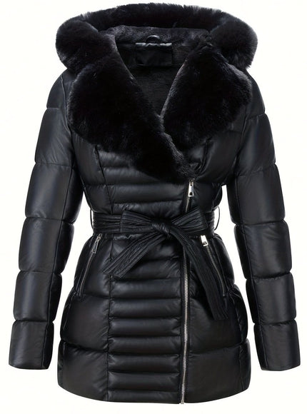 jkthpu-45 Black / UK 8 Elegant PU Velvet Hooded Coat with Faux Fur Collar