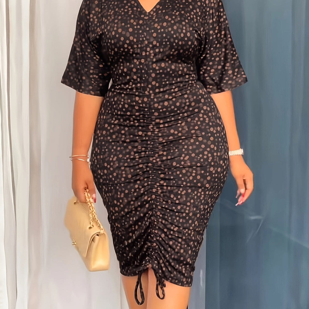 jkthpu-45 Black / UK 8 Elegant Women'S V-Neck Bodycon Dress with Drawstring Waist and Back Zipper, Full-Length Print, Ruched Detail, All-Season Midi Dress
