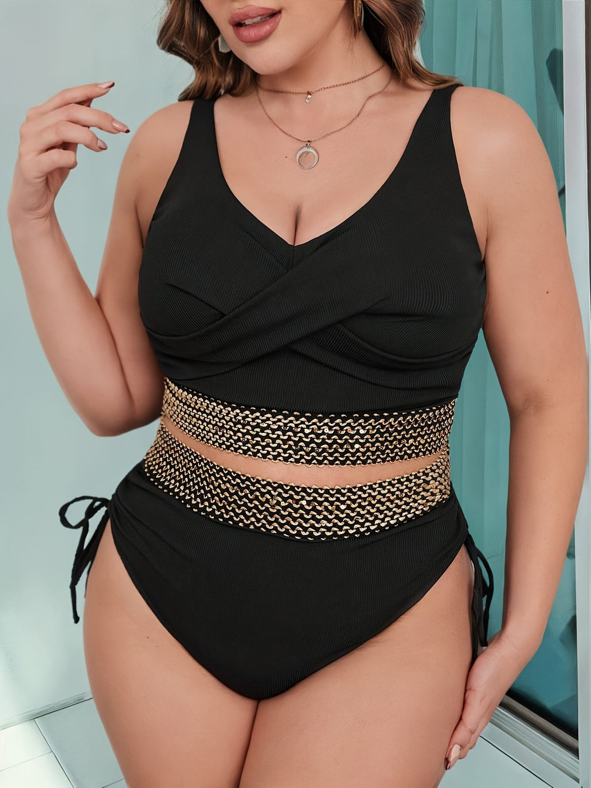 KissICON Black V-Neck Wide Strap Sequin Textured Drawstring