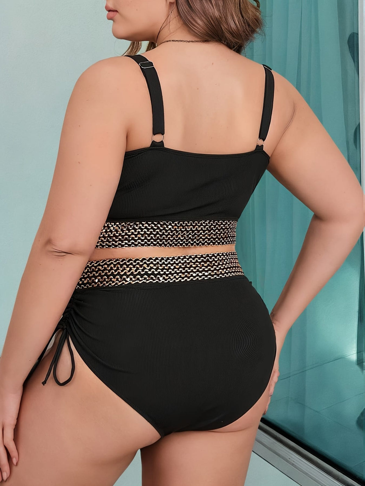 KissICON Black V-Neck Wide Strap Sequin Textured Drawstring