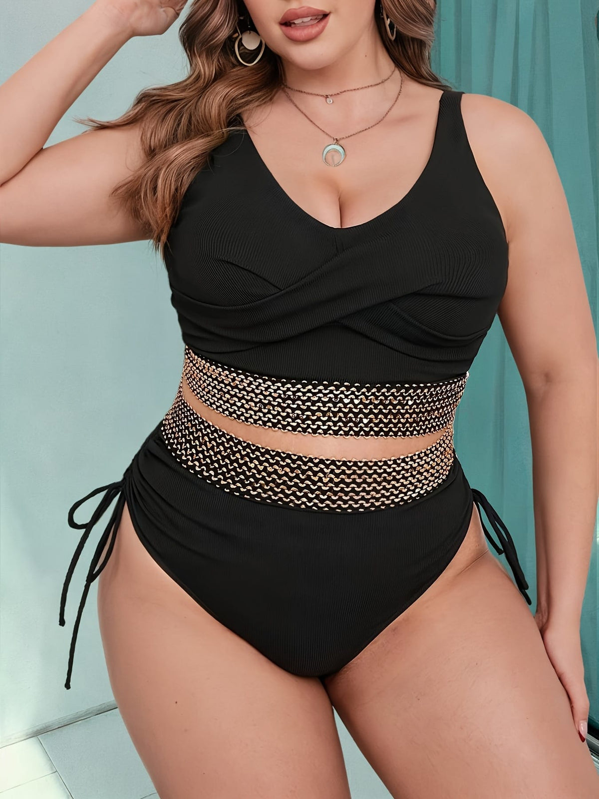 KissICON Black V-Neck Wide Strap Sequin Textured Drawstring
