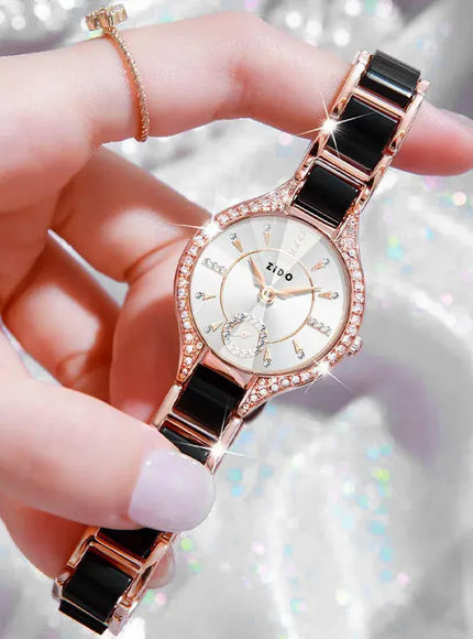 KissICON Black Watch For Women Retro Light Luxury Waterproof Diamond
