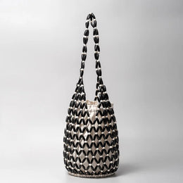 KissICON black white / 16.5x36cm Woven Hand Hollow-out Wooden Bead Tote –
