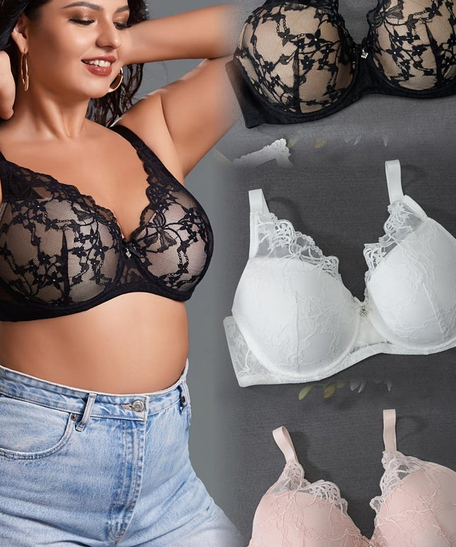 KissICON Black+white+pink / EU 85D 3-pack Curve Elegant Lace Bralettes Underwire Polyamide
