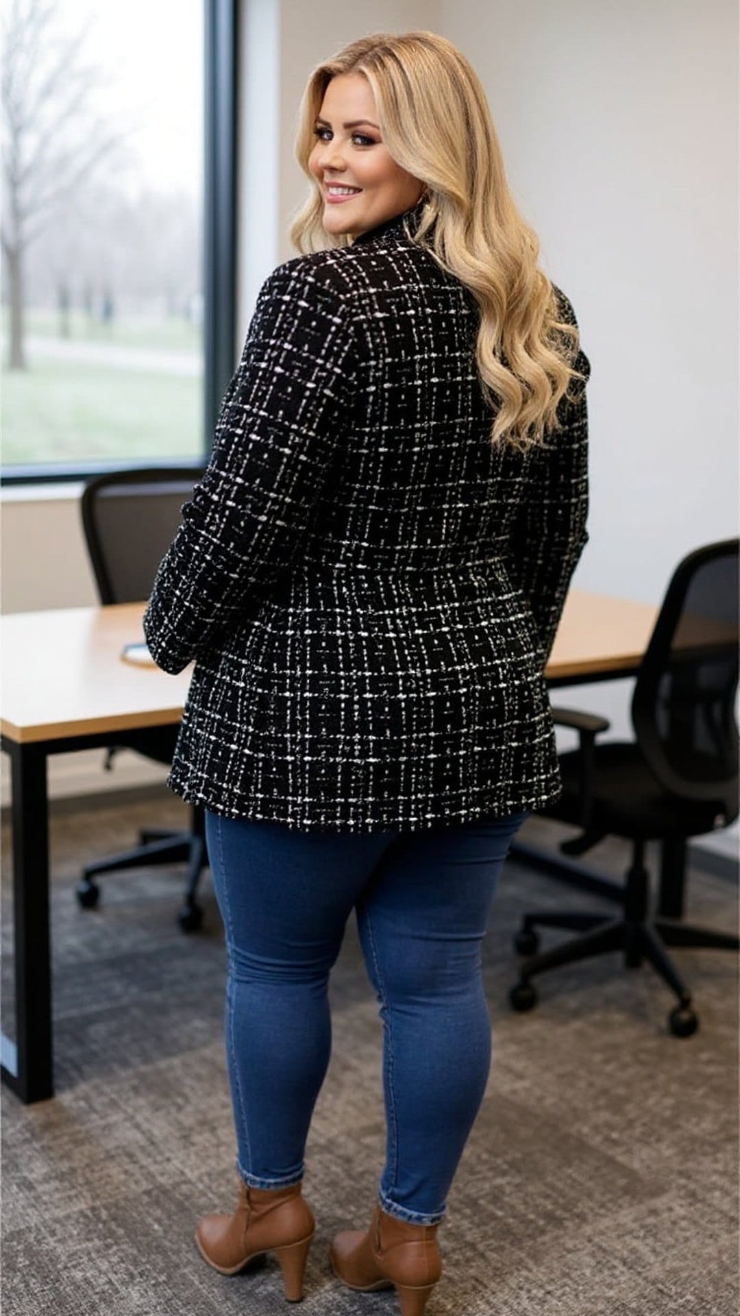 KissICON Black & White Tweed Double-Breasted Blazer – Plus Size Office Chic