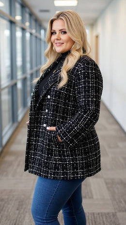 KissICON Black & White Tweed Double-Breasted Blazer – Plus Size Office Chic