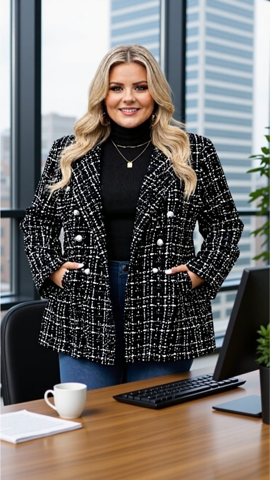 KissICON Black & White Tweed Double-Breasted Blazer – Plus Size Office Chic