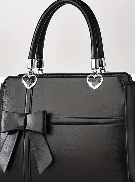 jkthpu-45 Black Women'S Chic Solid Color Handbag with Bow Accent, Adjustable Shoulder Strap, and Wristlet - Synthetic, Zip Closure, Casual Elegance, Versatile Tote for Everyday Use