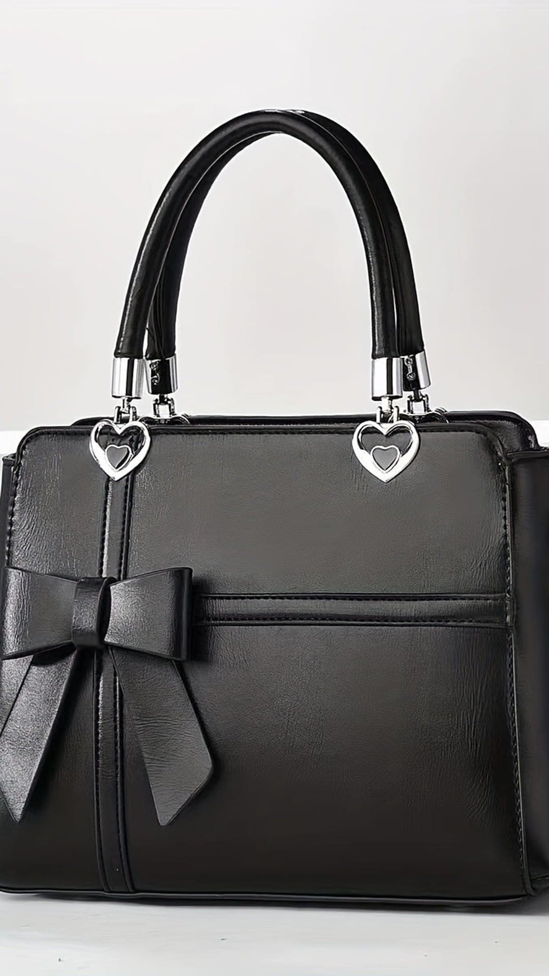 jkthpu-45 Black Women'S Chic Solid Color Handbag with Bow Accent, Adjustable Shoulder Strap, and Wristlet - Synthetic, Zip Closure, Casual Elegance, Versatile Tote for Everyday Use