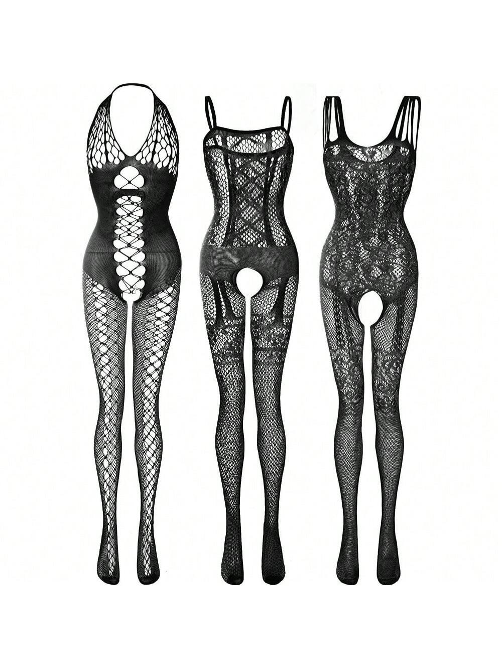 KissICON Black X3 2 Pack One Fishnet Bodystockings Striped Lingerie