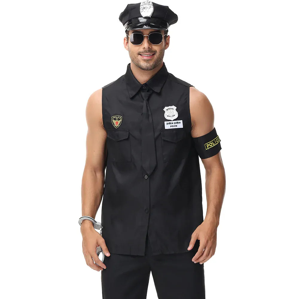 KissICON black / XL Halloween Costumes Handsome Men Police Uniform Top Purim Carnival Party Cosplay Cop Officer Fancy Clothing