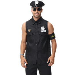 KissICON black / XL Halloween Costumes Handsome Men Police Uniform Top Purim Carnival Party Cosplay Cop Officer Fancy Clothing