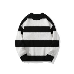 KissICON black / XL Mens Striped Casual Round Neck Loose Sweater