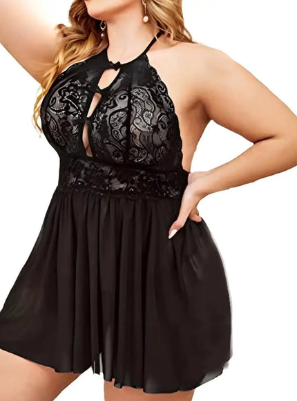 KissICON black / XL XL 5XL Curve Halter Lace Lingerie – Cutout Front Sheer