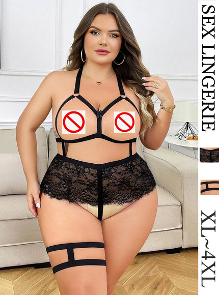 KissICON black / XXXL XL 4XL Plus-size Lingerie – Nightgown Lace Open-bust
