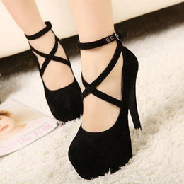 Dropshipman Black12cm / 41 Shoes Woman Pumps Cross-Tied Ankle Strap Wedding Party Shoes Platform Dress Women Shoes High Heels Suede Ladies Shoes Plus Size