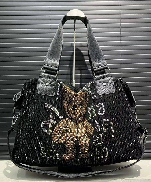 Dropshipman black2 / CHINA Ladies' fashionable diamond jewelry cute teddy bear handbag, large capacity, personalized, elegant, shiny shoulder bag