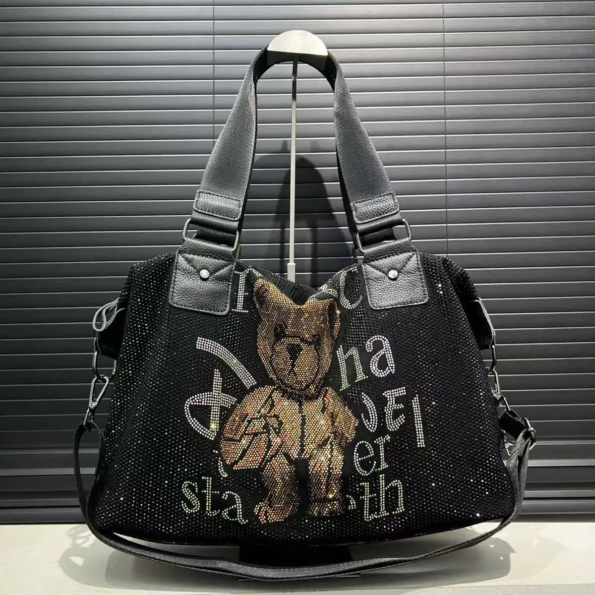 Dropshipman black2 / CHINA Ladies' fashionable diamond jewelry cute teddy bear handbag, large capacity, personalized, elegant, shiny shoulder bag
