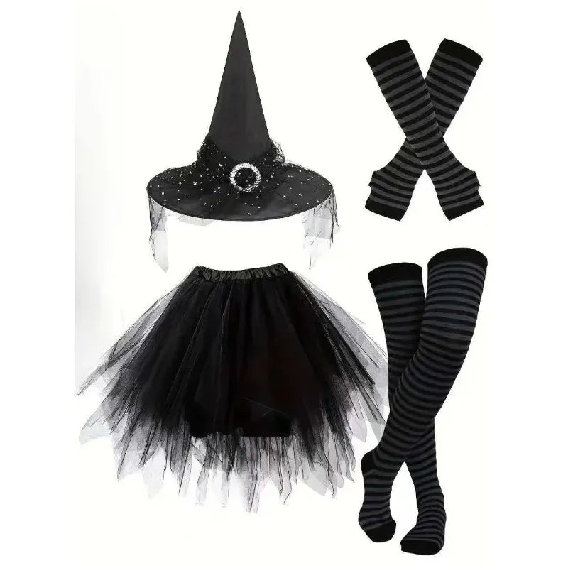 KissICON Black4 Halloween Witch Costume Set Witch Hat Striped Tights Tutu Skirt Party Fancy Dress Outfit for Holiday Cosplay Dress Up