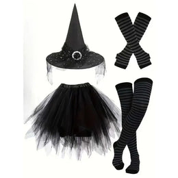 KissICON Black4 Halloween Witch Costume Set Witch Hat Striped Tights Tutu Skirt Party Fancy Dress Outfit for Holiday Cosplay Dress Up