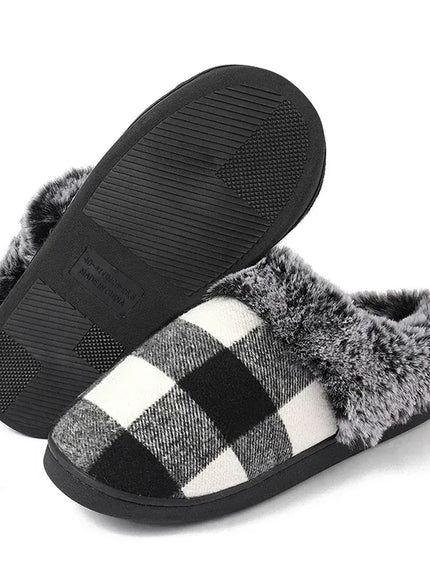 KissICON Blackwhite / 38-39 Fashion Grid Pattern Fuzzy Slippers Women Closed Toe