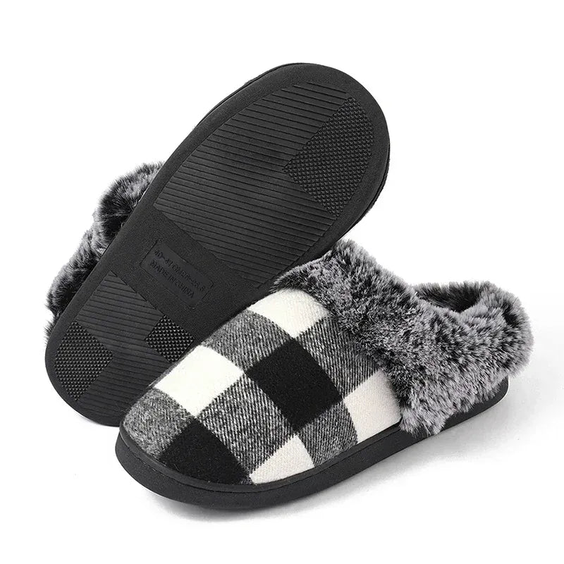 KissICON Blackwhite / 38-39 Fashion Grid Pattern Fuzzy Slippers Women Closed Toe