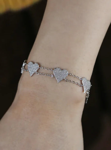 KissICON Bling Heart Charm Bracelet – Double Chain White