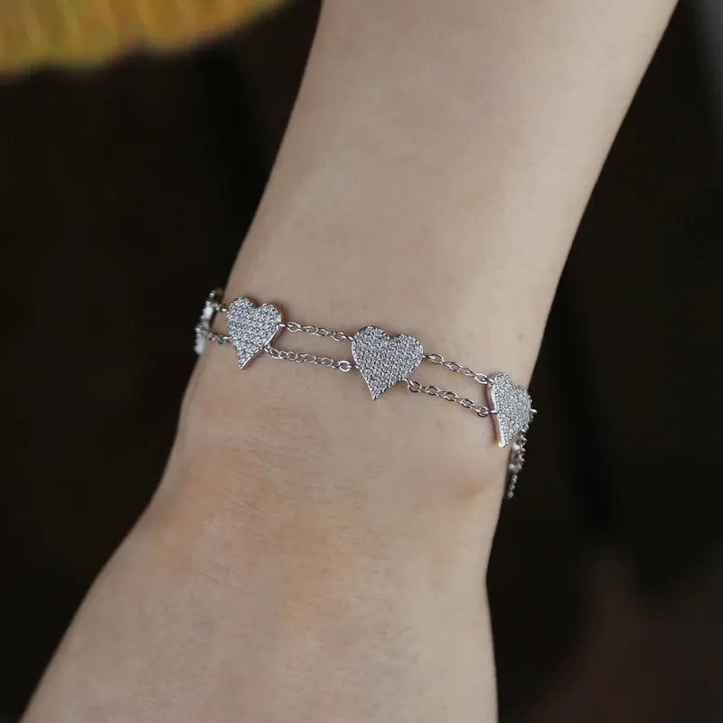 KissICON Bling Heart Charm Bracelet – Double Chain White