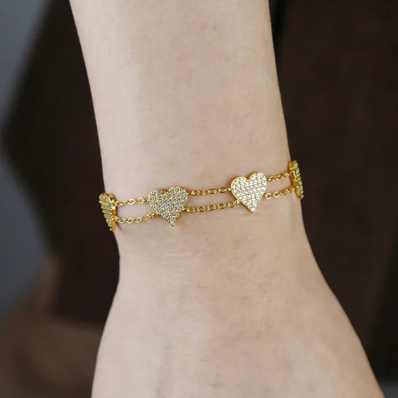 KissICON Bling Heart Charm Bracelet – Double Chain White