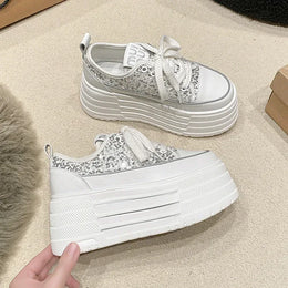 Dropshipman Bling Leather Flats Casual Dad Shoes Chunky Sneakers Women Platform Sports Shoes Ladies Skateboard Hidden Heels Shoes Tennis