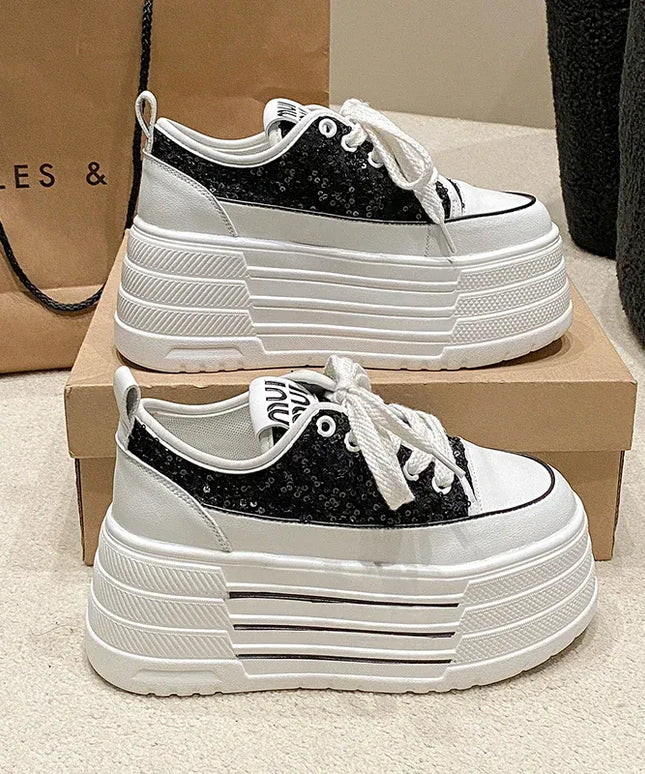 Dropshipman Bling Leather Flats Casual Dad Shoes Chunky Sneakers Women Platform Sports Shoes Ladies Skateboard Hidden Heels Shoes Tennis