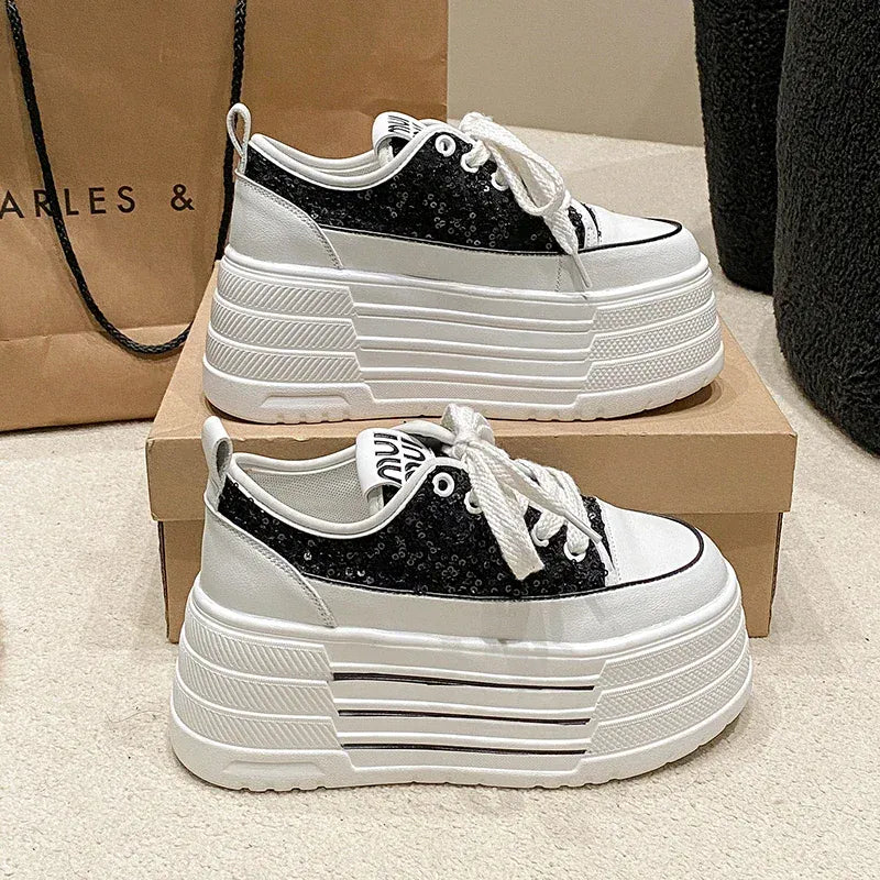 Dropshipman Bling Leather Flats Casual Dad Shoes Chunky Sneakers Women Platform Sports Shoes Ladies Skateboard Hidden Heels Shoes Tennis
