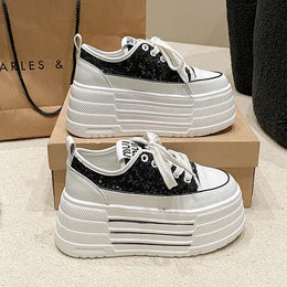 Dropshipman Bling Leather Flats Casual Dad Shoes Chunky Sneakers Women Platform Sports Shoes Ladies Skateboard Hidden Heels Shoes Tennis