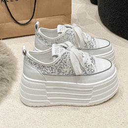 Dropshipman Bling Leather Flats Casual Dad Shoes Chunky Sneakers Women Platform Sports Shoes Ladies Skateboard Hidden Heels Shoes Tennis
