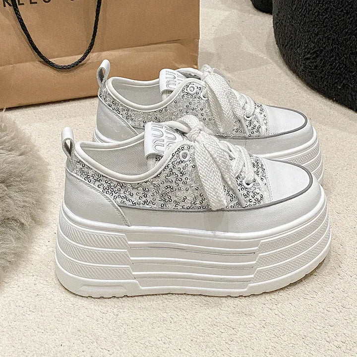 Bling Leather Flats Casual Dad Shoes Chunky Sneakers Women Platform Sports Shoes Ladies Skateboard Hidden Heels Shoes Tennis