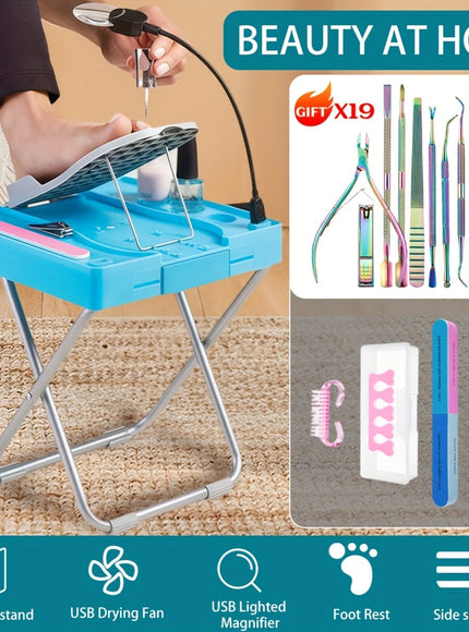 KissICON Blue + 19pcs tools KissIcon ABS Pedicure Stool With LED Magnifier And