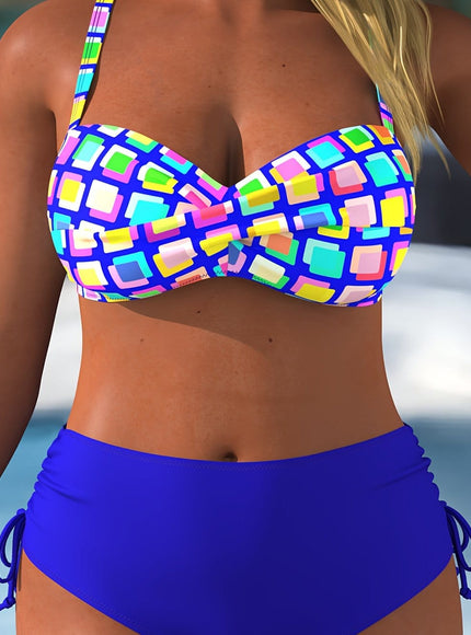 KissICON Blue / 1XL Chic Curve Square Print Highwaisted Tummy Control Bikini
