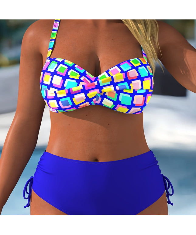 KissICON Blue / 1XL Chic Curve Square Print Highwaisted Tummy Control Bikini