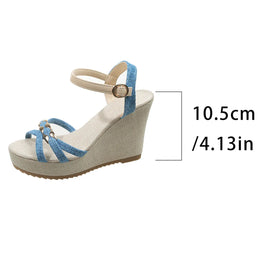 KissICON Blue / 36 Women's Cross Band Metal Wedges Sandals Thick Sole