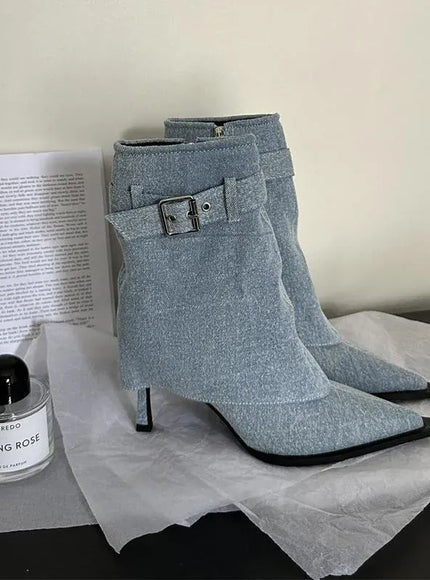 KissICON Blue / 37 New Design Denim Buckle Thin Heels Ankle Boots
