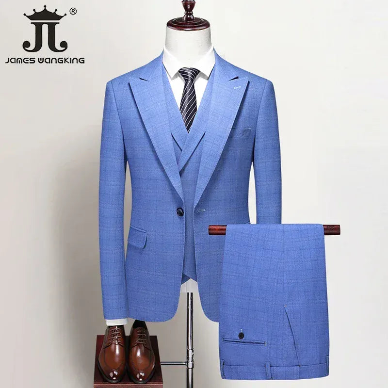 KissICON Blue 3Piece17 / M (EUR XXS) British Plaid 3Pc Mens Suit Blazer Vest Pants S5XL