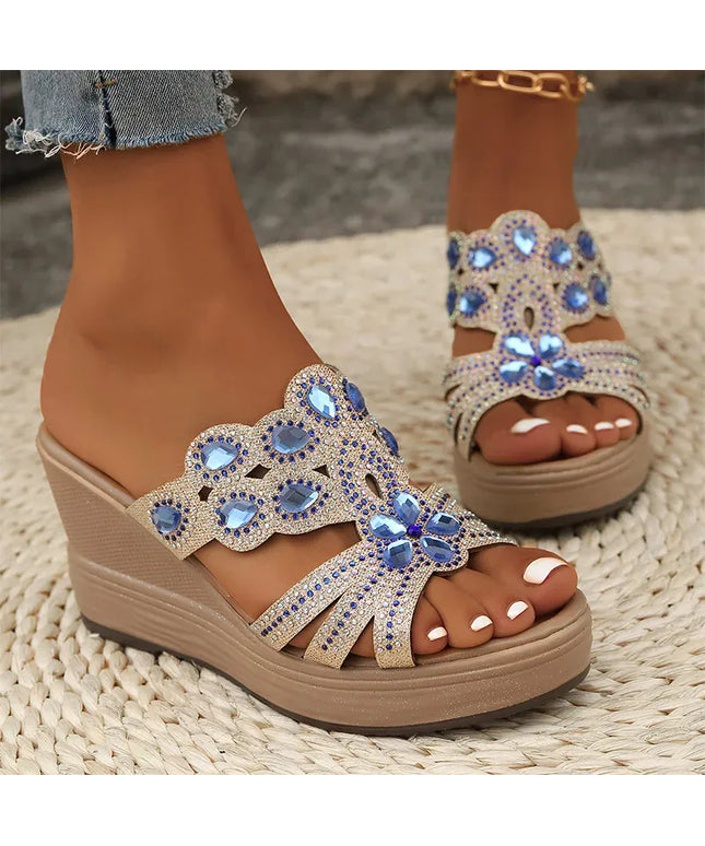KissICON Blue / 43 Large Gold Jewel Decor Wedges Sandals for Women