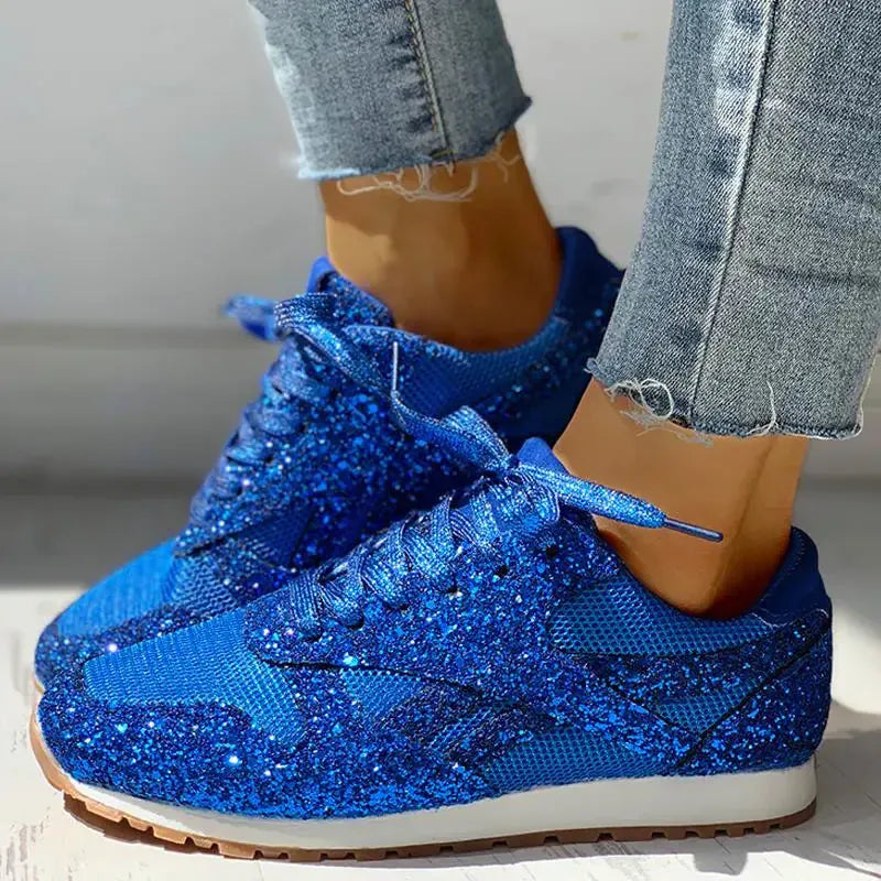 Dropshipman Blue / 5 Women Flat Glitter Sneakers Casual Bling Vulcanized Shoes Female Mesh Lace Up Platform Comfort Plus Size Fashion Ladies Autumn99