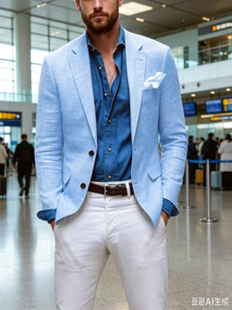 KissICON Blue / 5XL BeigeBlue Linen Mens Slim Fit TwoButton Blazer
